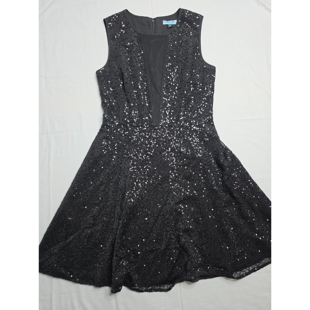 Cynthia Rowley Fit & Flare Dress‎ Women's 6 Black Nylon Allover Sequin Back Zip